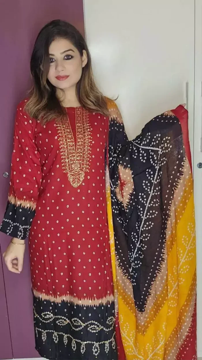 Stitched 2 Pieces Dress Karchupi Works & Chunri Print