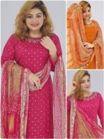 Gold orange Magenta pink gotapatti cotton 2-piece dress – front view with dupatta