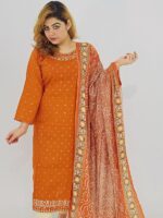 Gold orange gotapatti cotton 2-piece dress – front view with dupatta gotapatti cotton dress gotapatti-cotton-2pc-dress