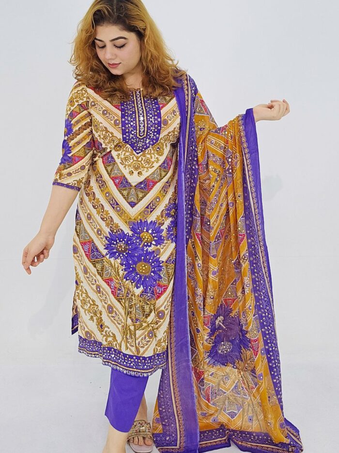Cotton mirror work 3 piece unstitched – Lavender