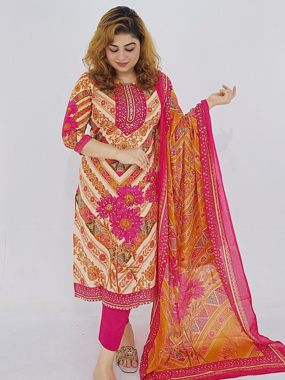 F132 Magenta cotton mirror work dress