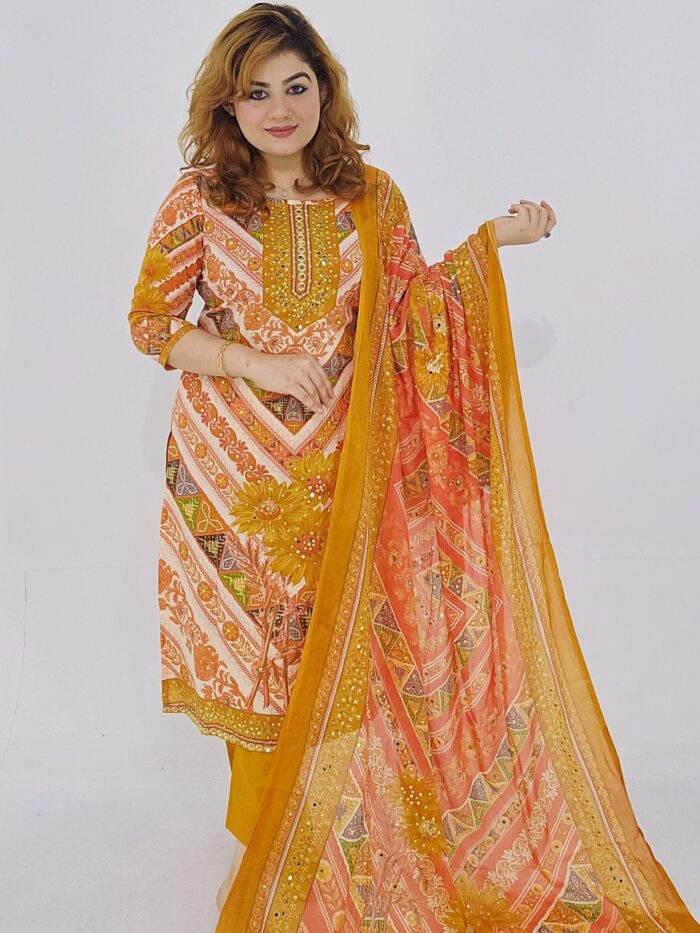 Cotton 3-pc unstitched with mirror embroidery – Mustard