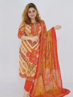 Mirror work unstitched red cotton 3 piece