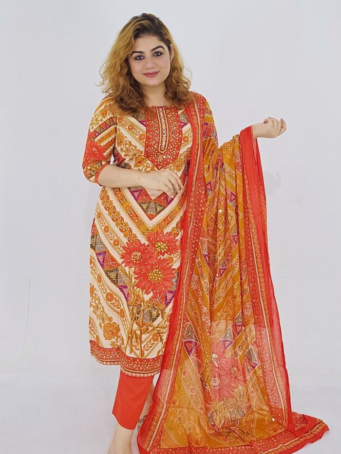 Mirror work unstitched red cotton 3 piece