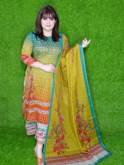 ✨Premium Digital Chunri Printed Cotton Lawn Unstitched Three-Piece Set✨