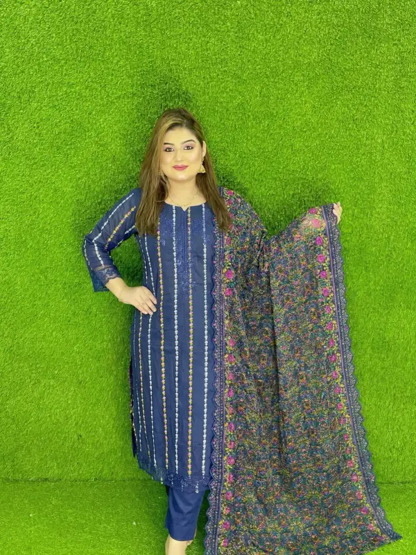 Navy Blue Cotton Embroidered 3 Piece