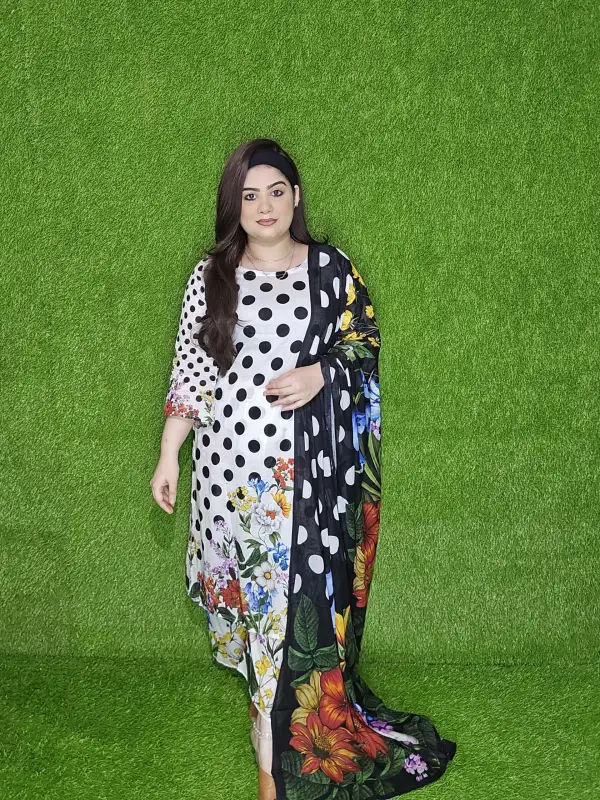 White Premium Digital Floral Printed Lawn Three-Piece Set