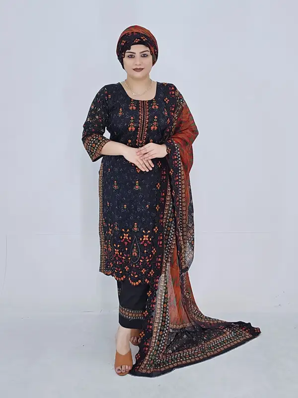প্রিমিয়াম গ্লিটার মিডনাইট ফ্লোরাল সিকুইন কটন থ্রি-পিস