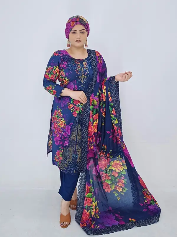 Digital Printed Cotton With Embroidery & Sequin Lace Work Three Pieces