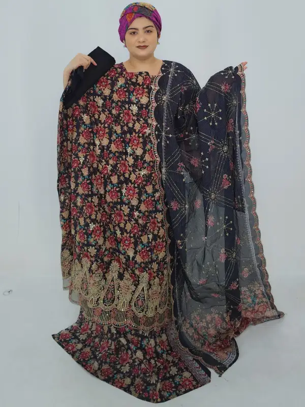 Premium Unstitched Cotton Embroidery & Sequin Three-Piece Set