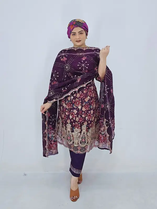 Premium Unstitched Cotton Embroidery & Sequin Three-Piece Set