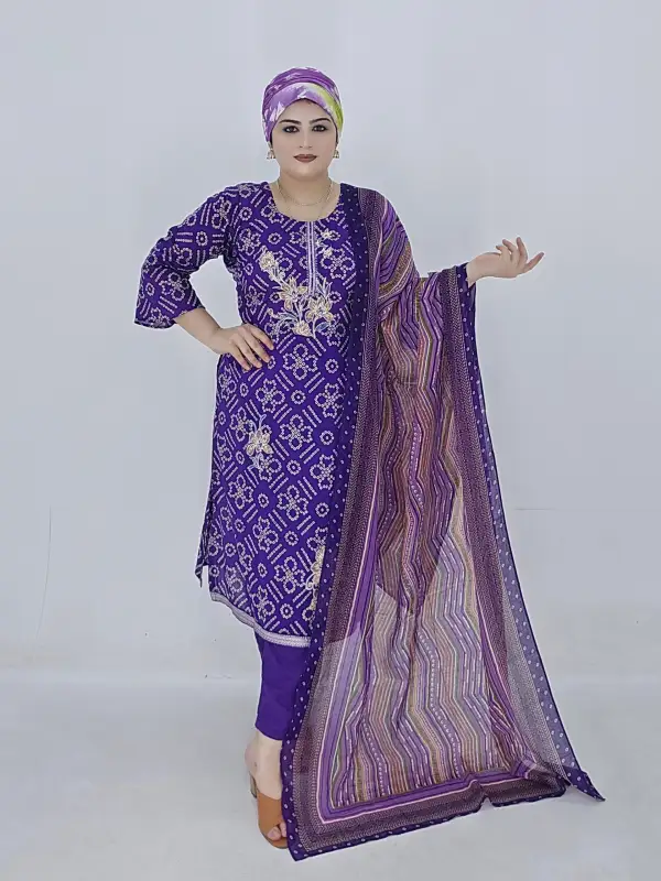 Purple Unstitched Ganga Premium Cotton Three Pieces