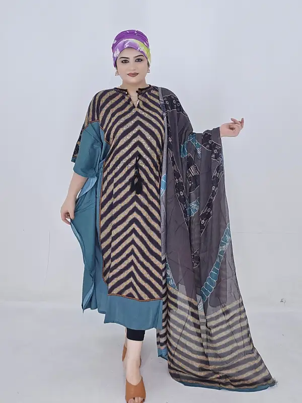 Blue Readymade Cotton Kaftan Two-Piece Set