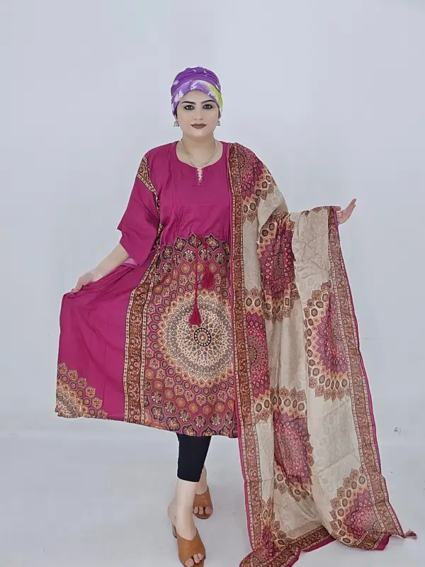 Magenta Readymade Cotton Kaftan Two-Piece Set