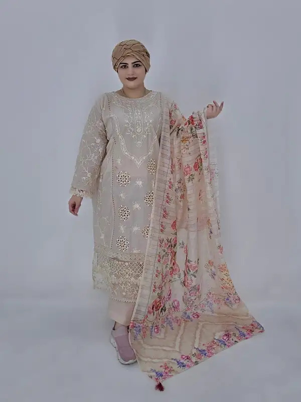 Premium Readymade Cotton Embroidered Chikankari & Lace Works Three-Piece Set