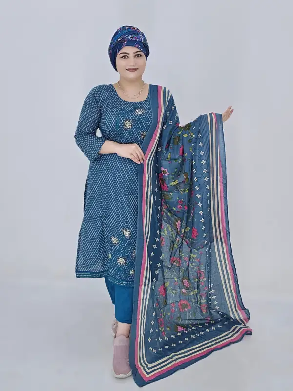 নীল আনস্টিচড গাঙ্গা প্রিমিয়াম কটন থ্রি-পিস
