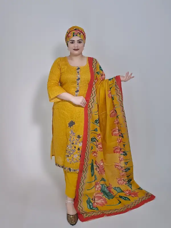 Mustard Ganga Premium Cotton Embroidered Unstitched Three-Piece Set