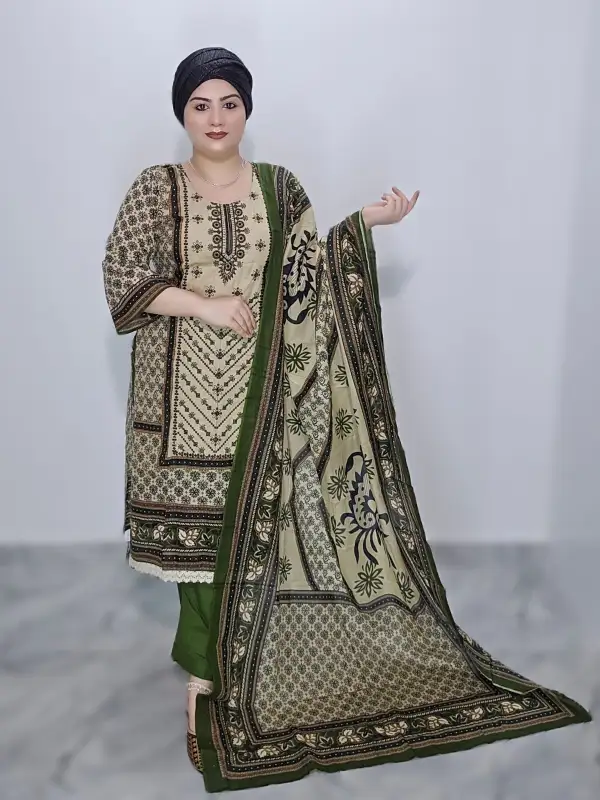 Green Premium Cotton Embroidery & Sequin Boutique Three-Piece Set
