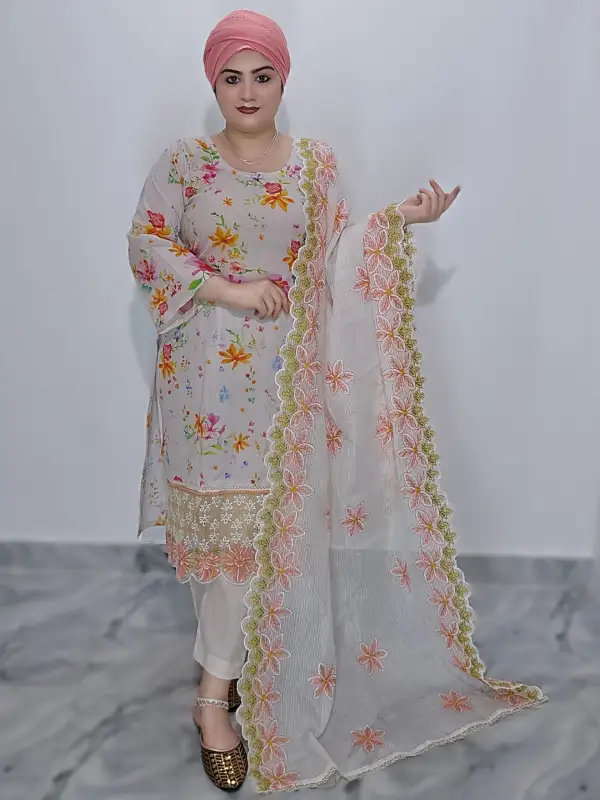 Cream Premium Cotton Embroidery & Sequin Boutique Three-Piece Set