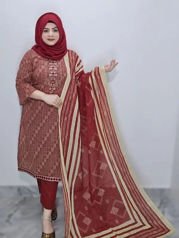 Maroon Ganga Premium Cotton Embroidered Unstitched Three-Piece Set