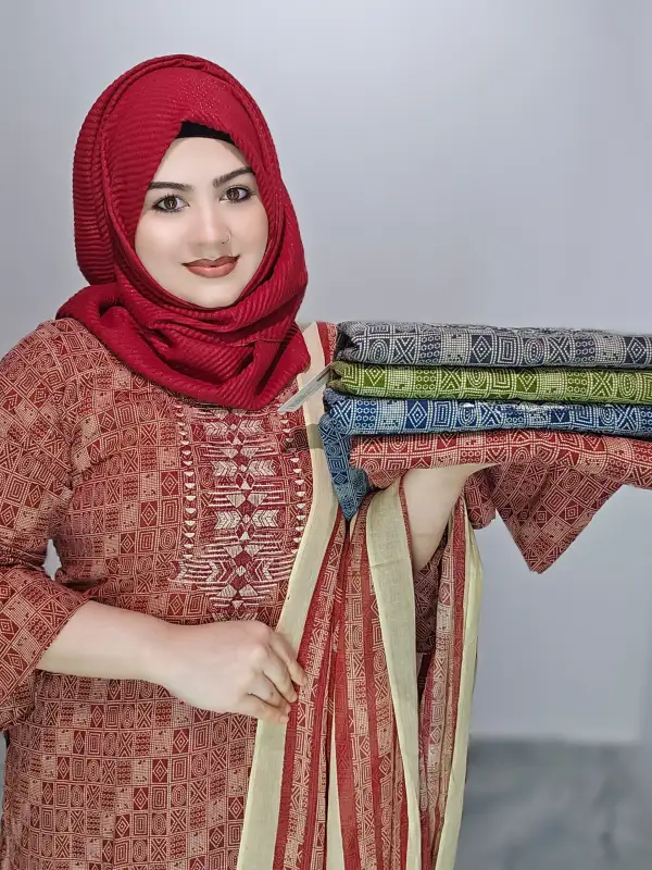 Maroon Ganga Premium Cotton Embroidered Unstitched Three-Piece Set