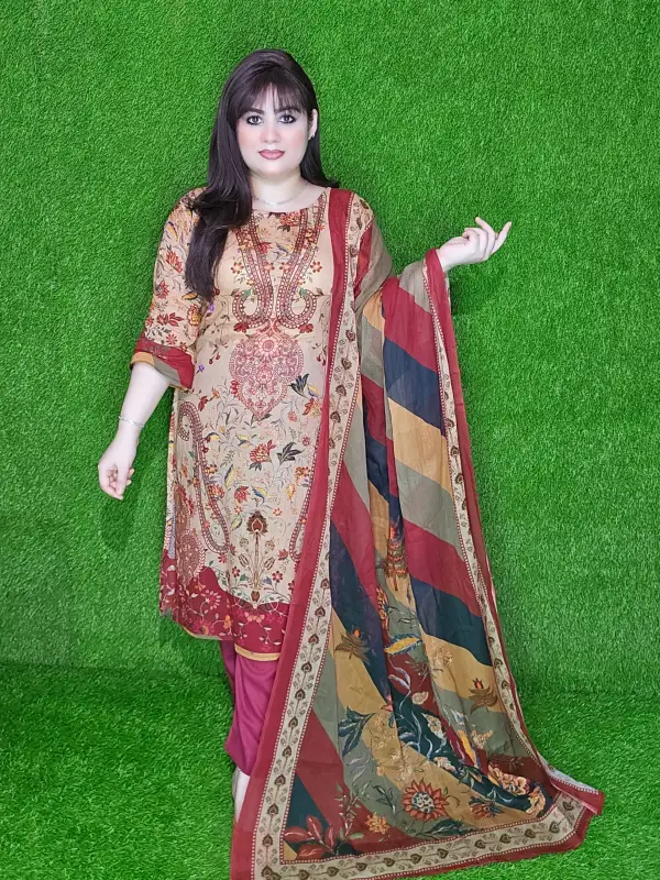 Brown Premium Digital Printed Lawn Three-Piece Set