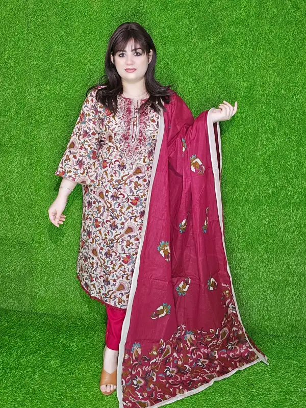 Premium Ganga Cotton Embroidered Unstitched Three-Piece Set