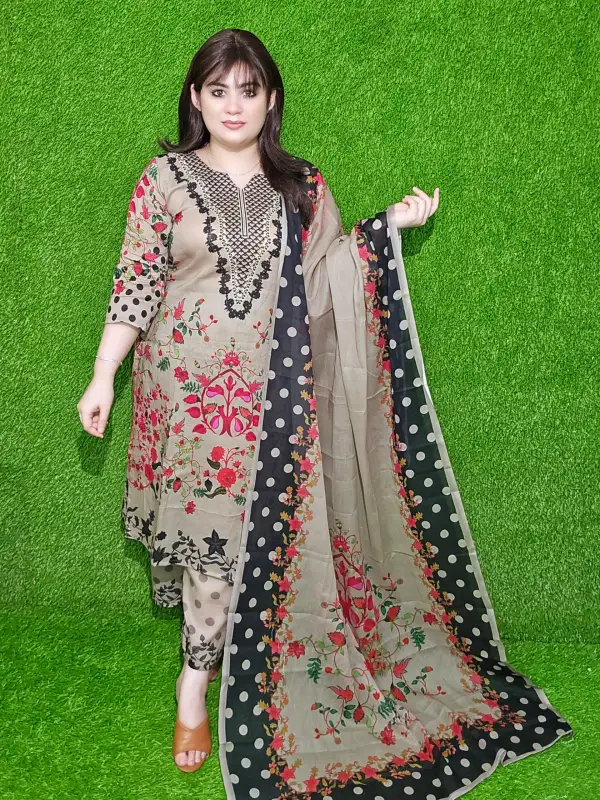 Check Premium Cotton Lawn Embroidered Unstitched Three-Piece Set