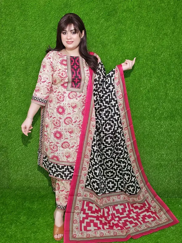 Pink Premium Cotton Lawn Embroidered Unstitched Three-Piece Set