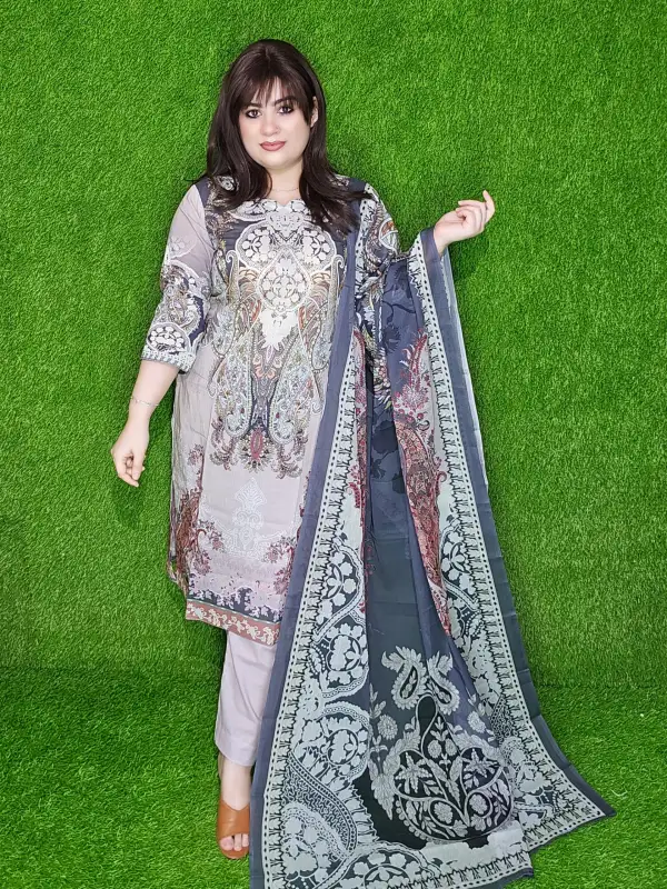 Ash Premium Digital Printed Cotton Lawn Unstitched Three-Piece Set