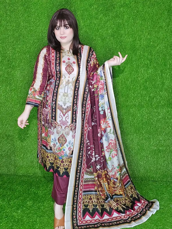 Maroon Premium Digital Printed Cotton Lawn Unstitched Three-Piece Set