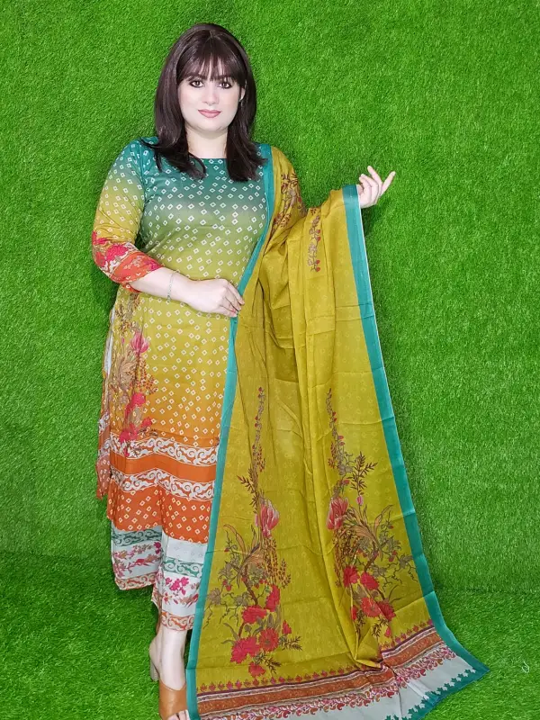 Premium Digital Chunri Printed Cotton Lawn Unstitched Three-Piece Set