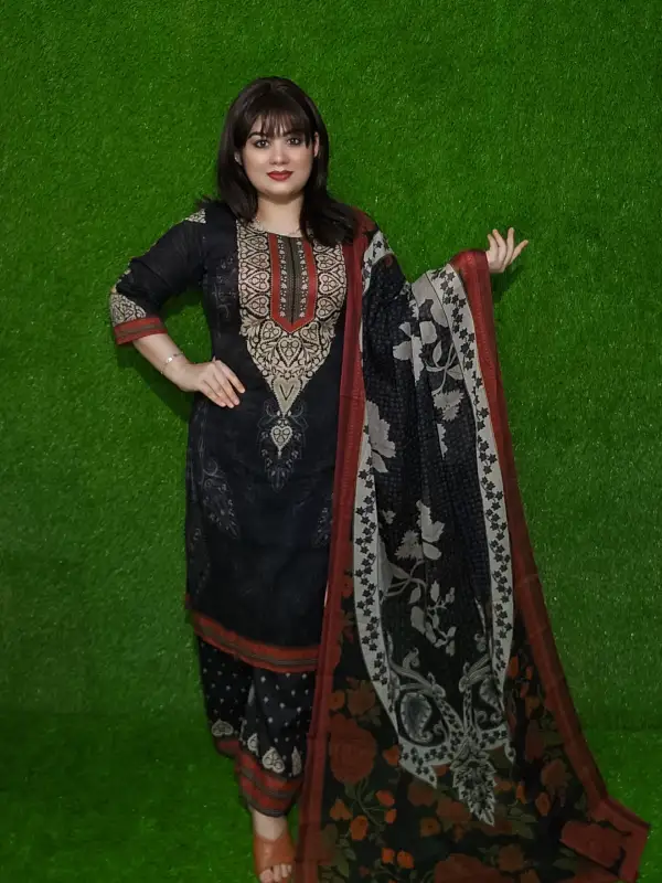 Black Premium Digital Printed Cotton Lawn Unstitched Three-Piece Set