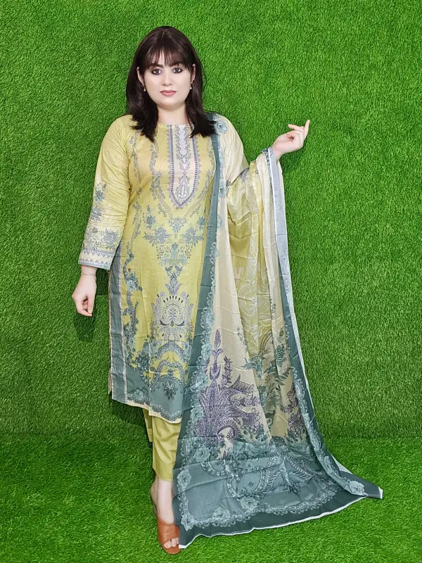 Lemon Premium Digital Printed Cotton Lawn Unstitched Three-Piece Set