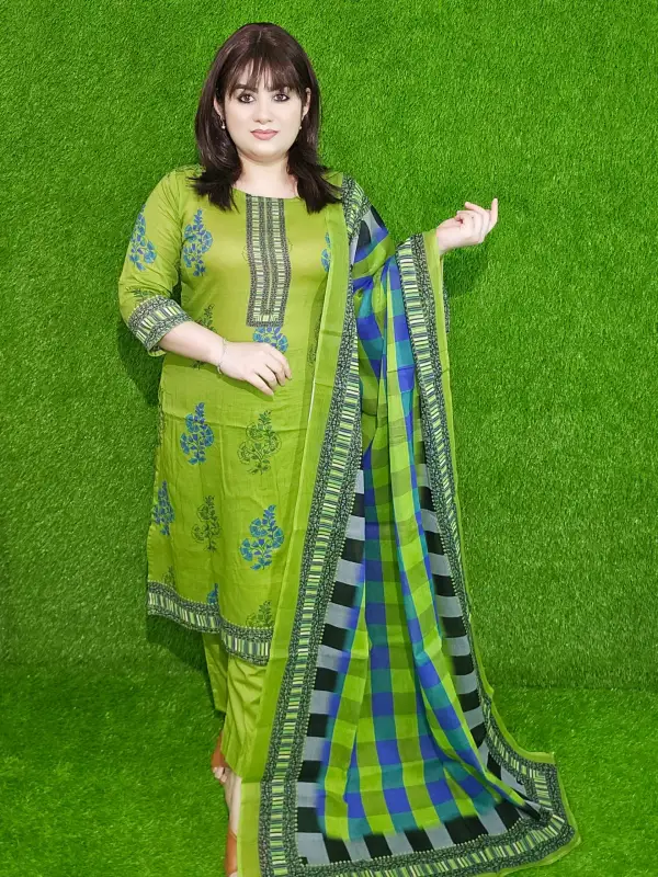 Parrot Green Premium Digital Printed Cotton Lawn Unstitched Three-Piece Set