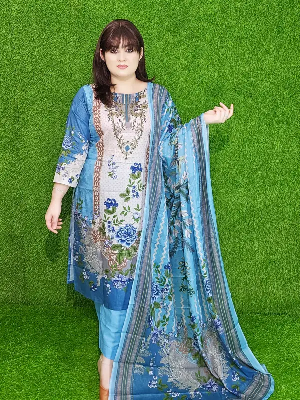 Sky Blue Premium Digital Printed Cotton Lawn Unstitched Three-Piece Set