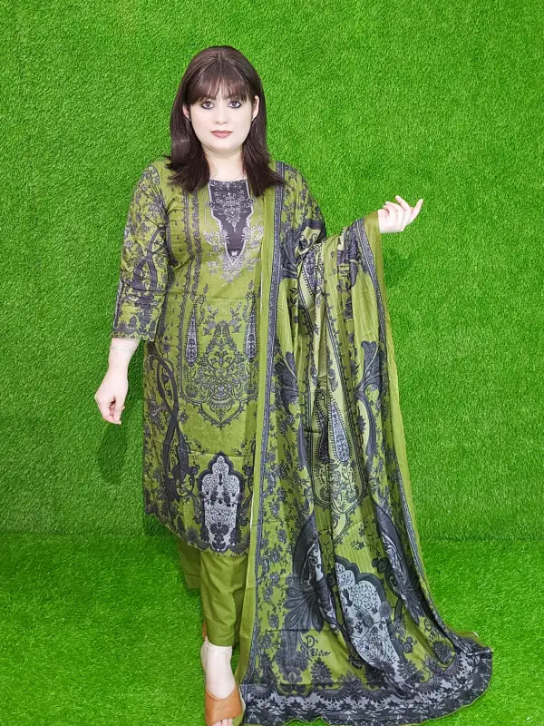 Olive Premium Digital Printed Cotton Lawn Unstitched Three-Piece Set