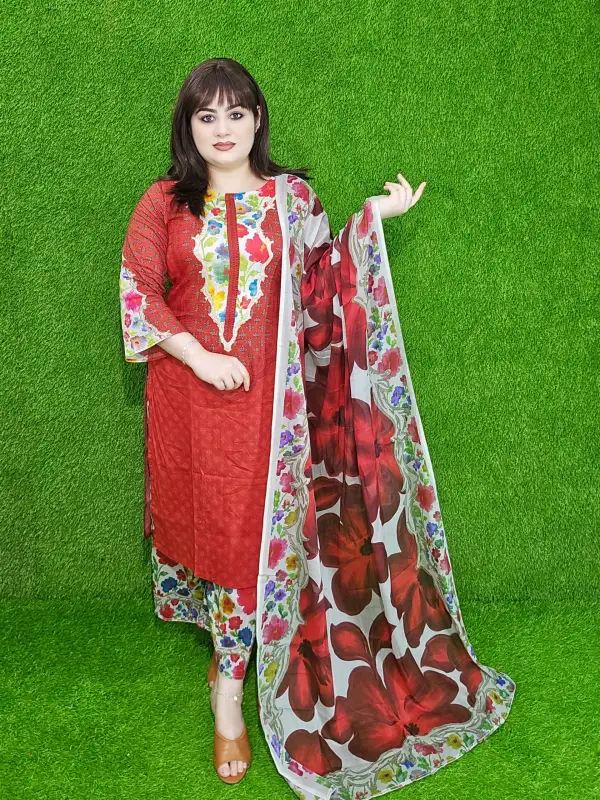 Red Premium Digital Printed Cotton Lawn Unstitched Three-Piece Set