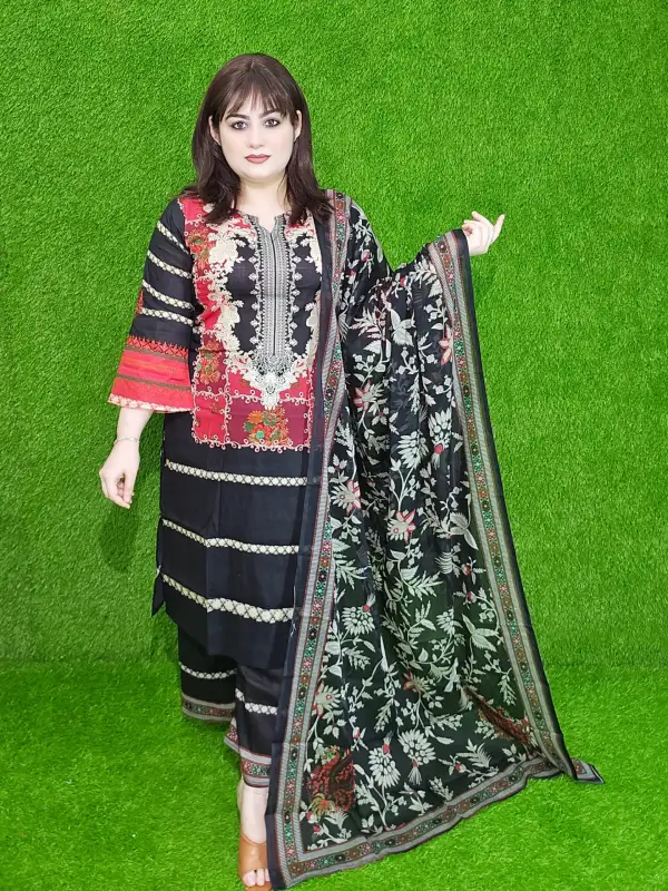 Black Premium Digital Printed Cotton Lawn Unstitched Three-Piece Set