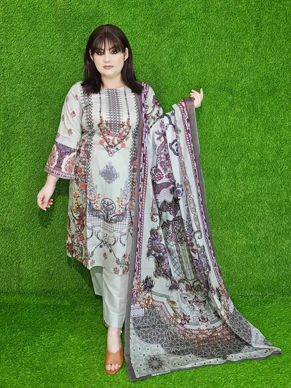 Ash Premium Digital Printed Cotton Lawn Unstitched Three-Piece Set