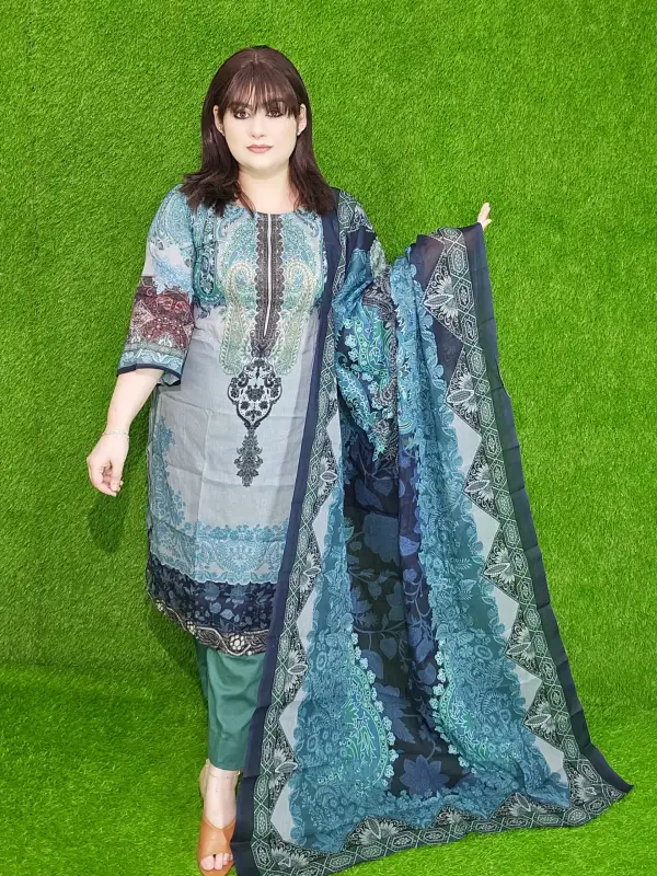 Gray Premium Digital Printed Cotton Lawn Unstitched Three-Piece Set