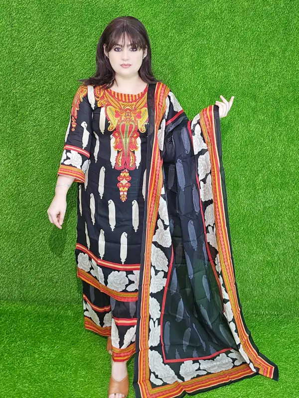Black Premium Digital Printed Cotton Lawn Unstitched Three-Piece Set