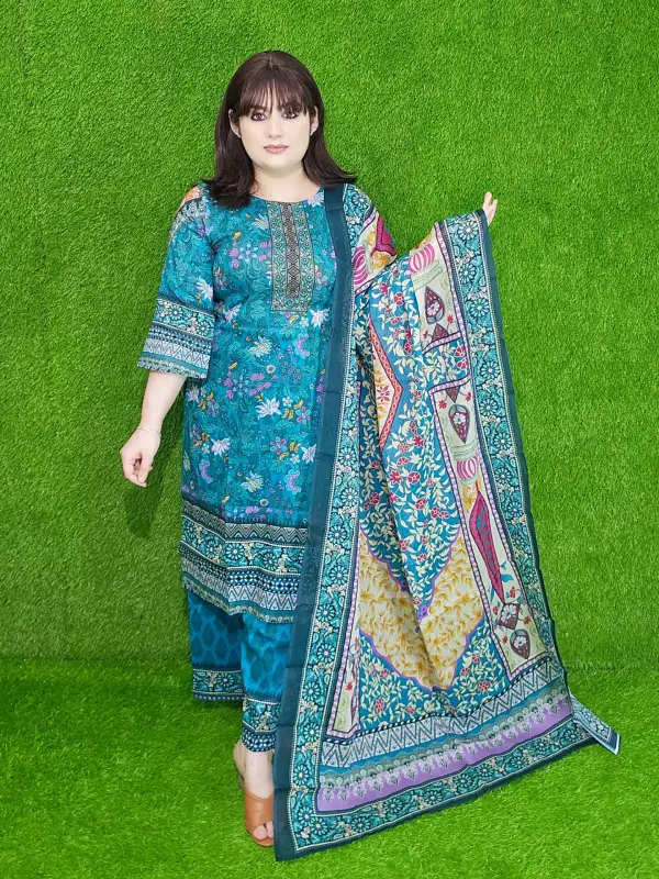 Teal Blue Premium Digital Printed Cotton Lawn Unstitched Three-Piece Set
