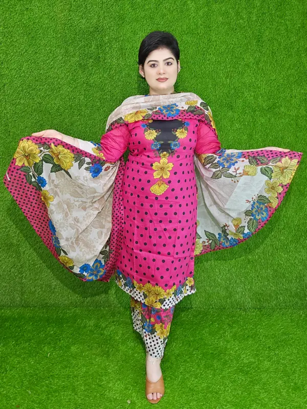 প্রিমিয়াম পোলকা ডট ফুল কটন আনস্টিচড থ্রি-পিস সেট