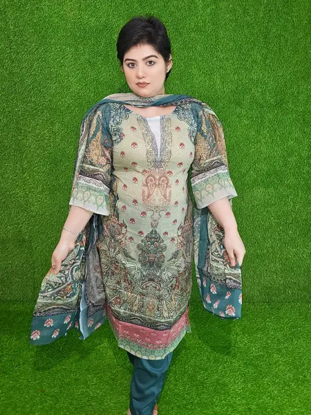 Olive Premium Digital Printed Cotton Lawn Unstitched Three-Piece Set