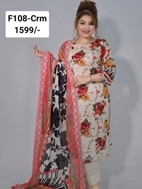 Floral Pattern Premium Cotton Boutique Unstitched Three-Piece Set