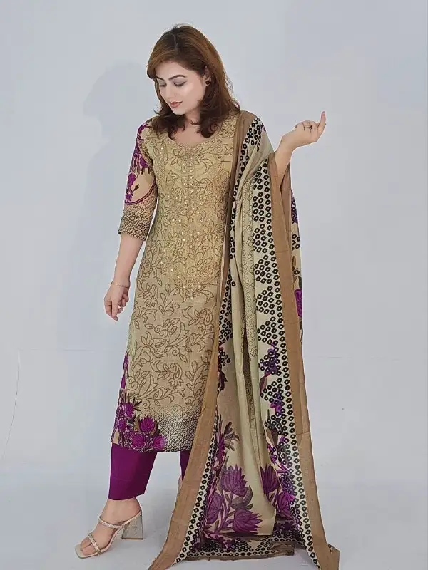 Jam Purple Cotton Embroidered 3 Piece