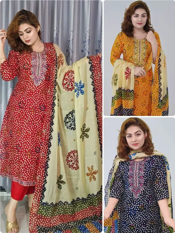 Comfortable Cotton 3-Piece Unstitched Dress with Chunri Print