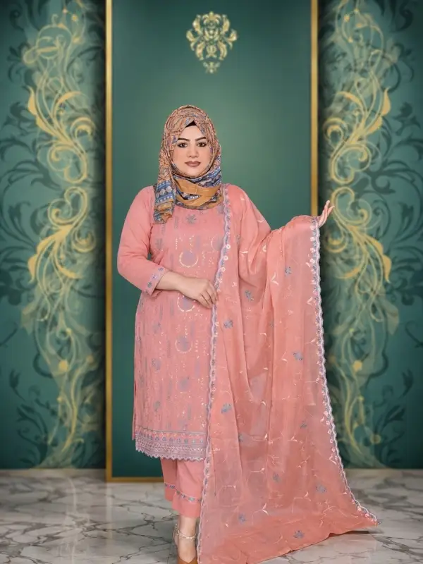 প্রিমিয়াম কটন এমব্রয়ডারি সিকুইন পার্টি থ্রি-পিস সেট