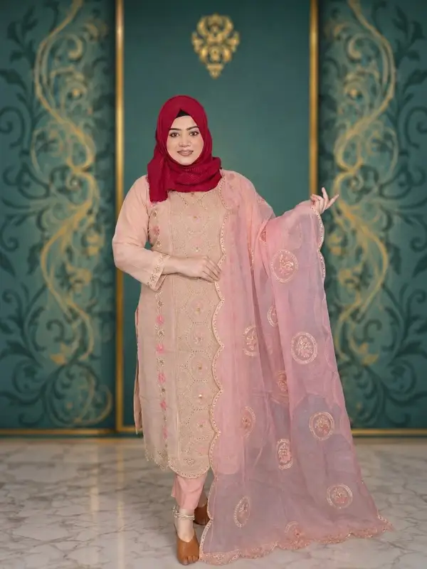 Premium Muslin Silk Cotton Embroidered Party Wear Three-Piece Set